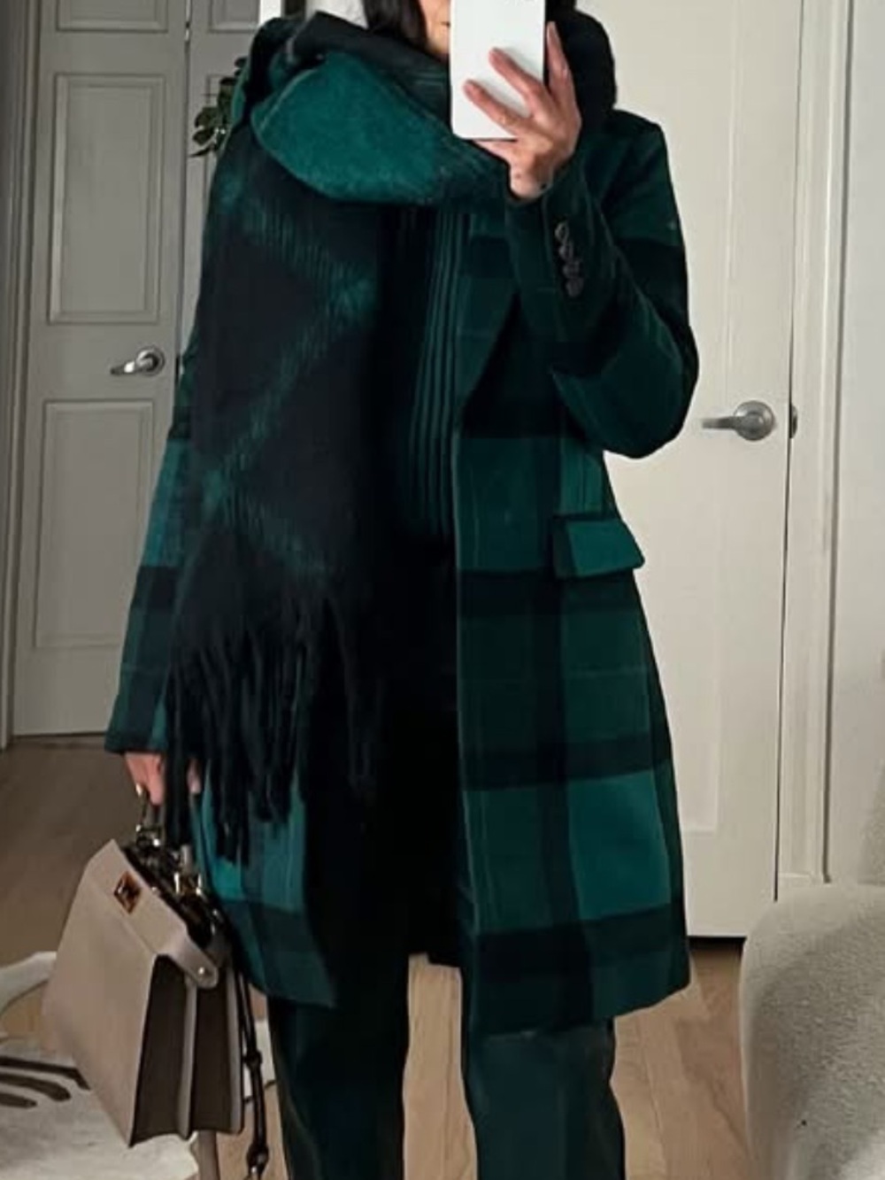 Ann Taylor Green Black Purple Tartan Plaid Wool Blend Chesterfield Coat Size L